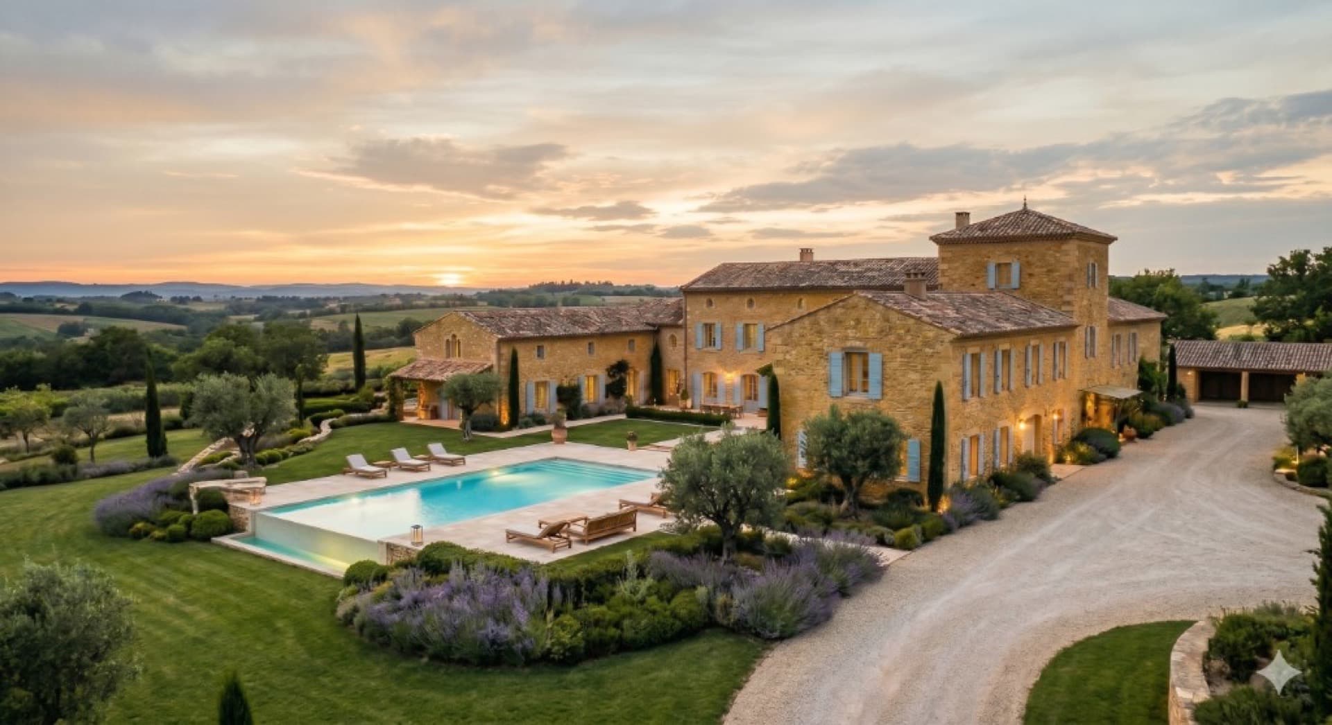 Domaine d'exception avec piscine au coucher du soleil