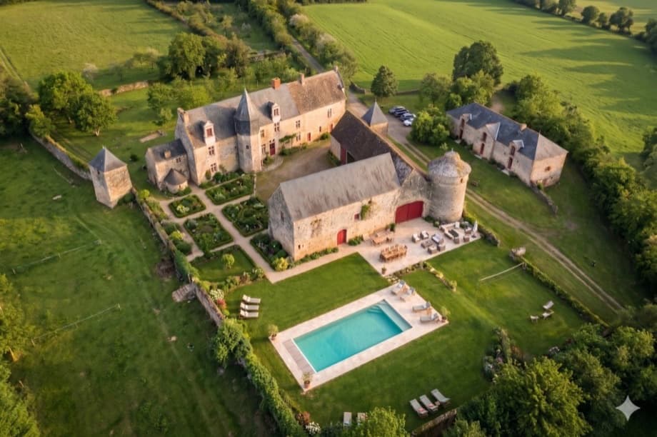 Château en pierre entouré d'un jardin arboré.