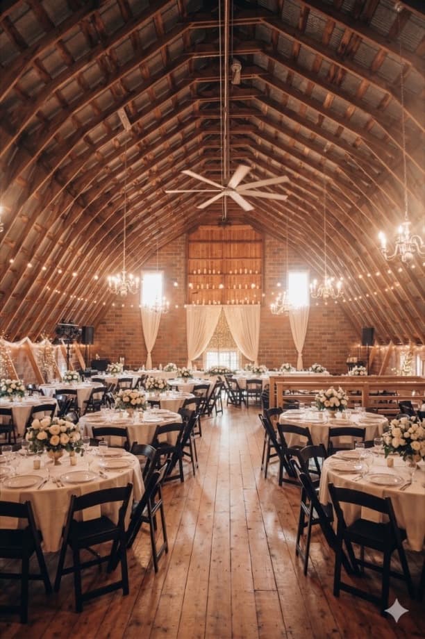 Salle réception élégante en bois, tables dressées sous verrière voûtée.