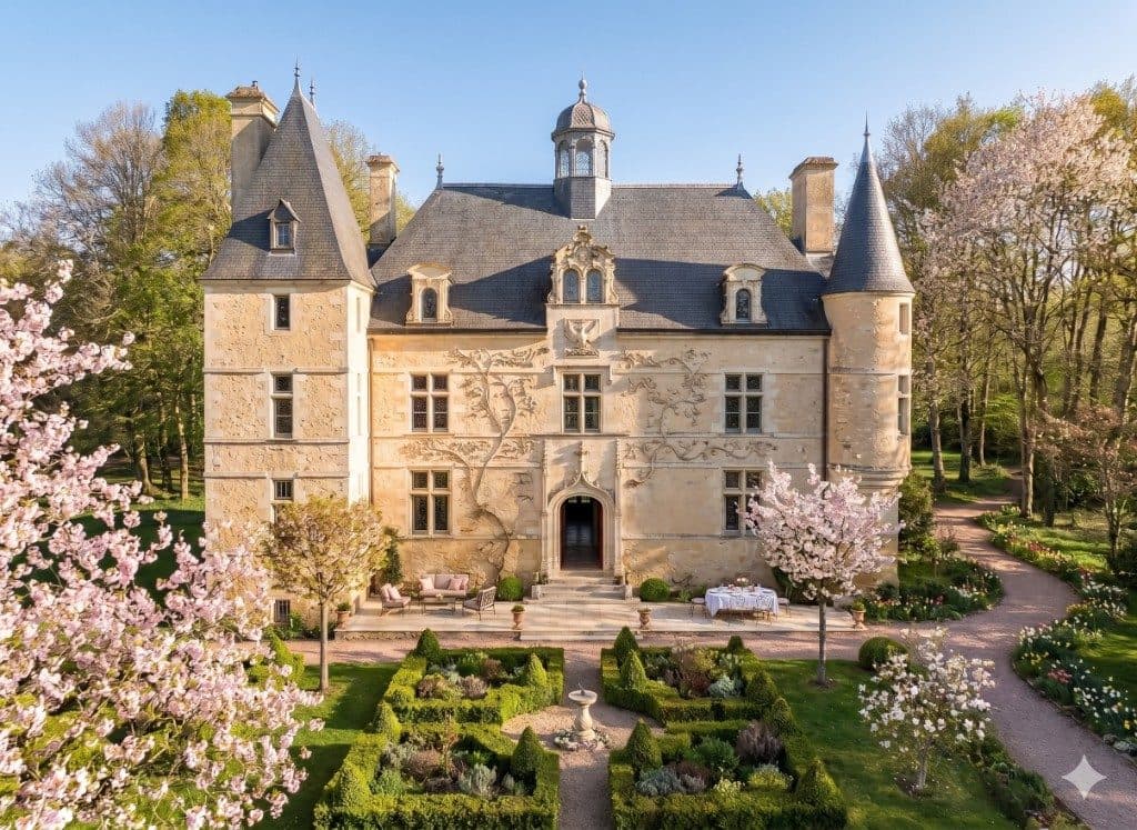 Château entouré de jardins à la française.