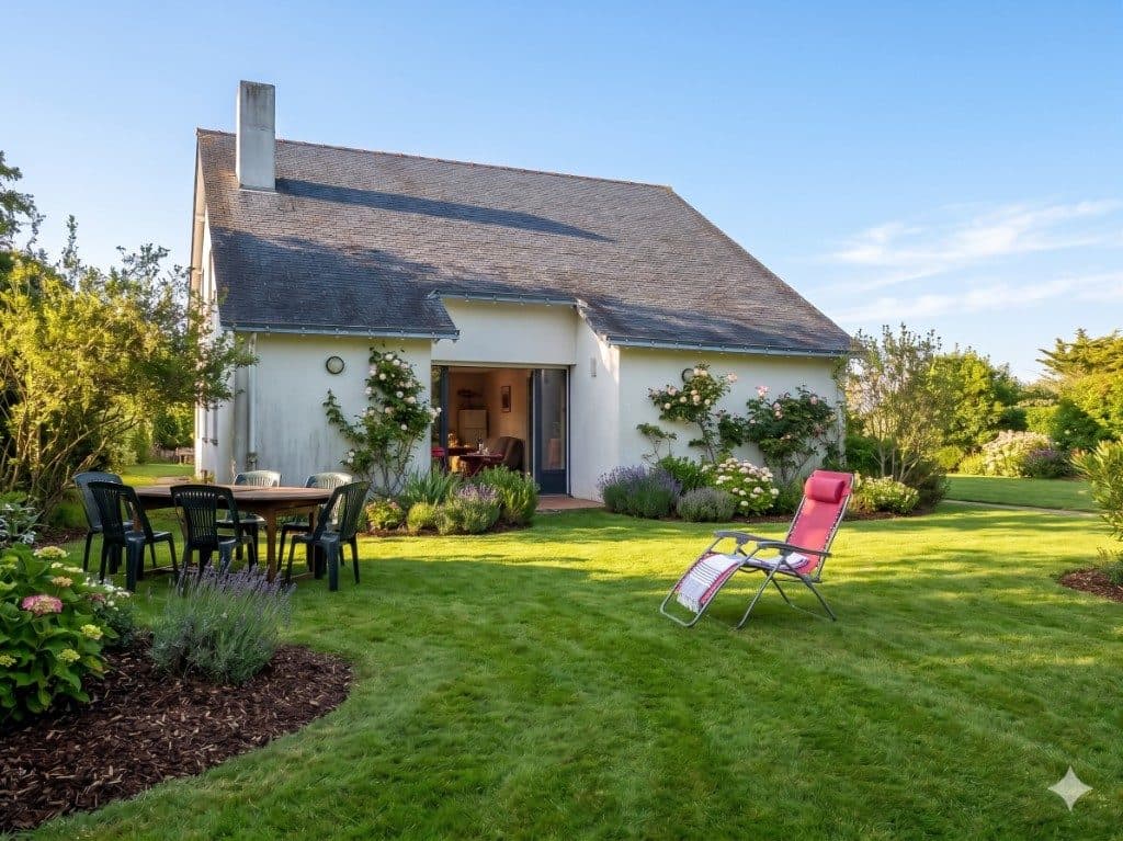 Grand gîte avec jardin paysager et terrasse extérieure.